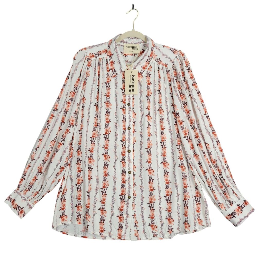 SAVANNA JANE White Floral Stripe Long Sleeve Button Top Boho Cottagecore SIZE 1X